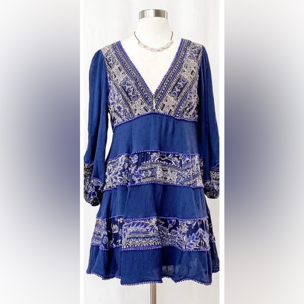Free People Blue and White Tiered Dress with Long Sleeves
